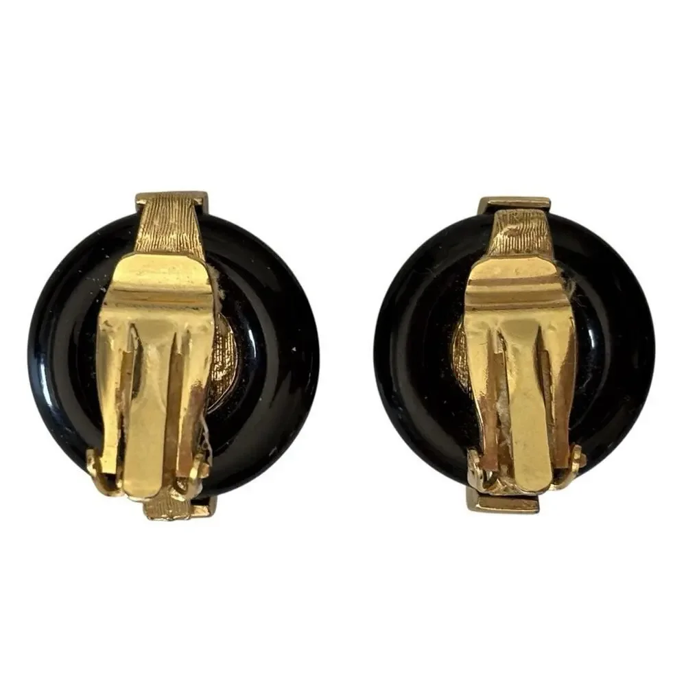 KENNETH J.L. Earrings, Gold tone, Black Enamel and White Faux Pearl, Clip on